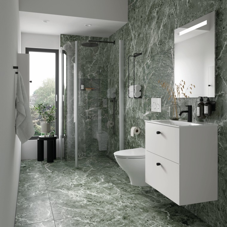 Porsgrund Elegant baderomsmøbel hvit, Glow toalett og Showerama buede dusjdører Porsgrund Elegant baderomsmøbel hvit, Glow toalett og Showerama buede dusjdører