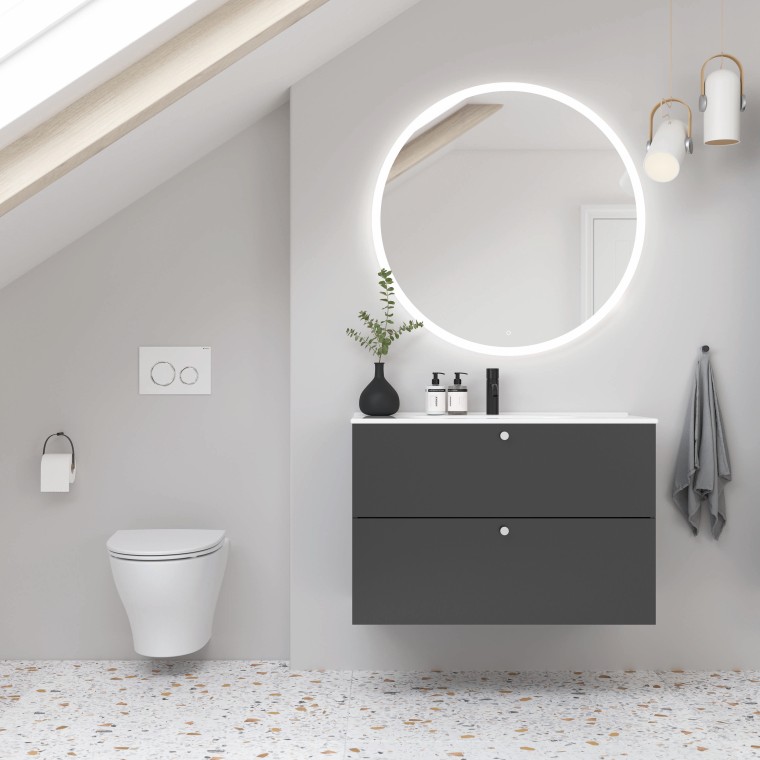 Porsgrund Elegant baderomsmøbel i sort og Glow 66 toalett