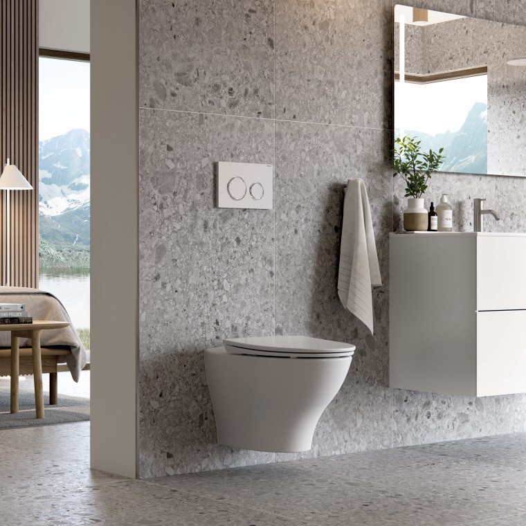 Porsgrund Glow vegghengt toalett og Elegant baderosmmøbel hvit